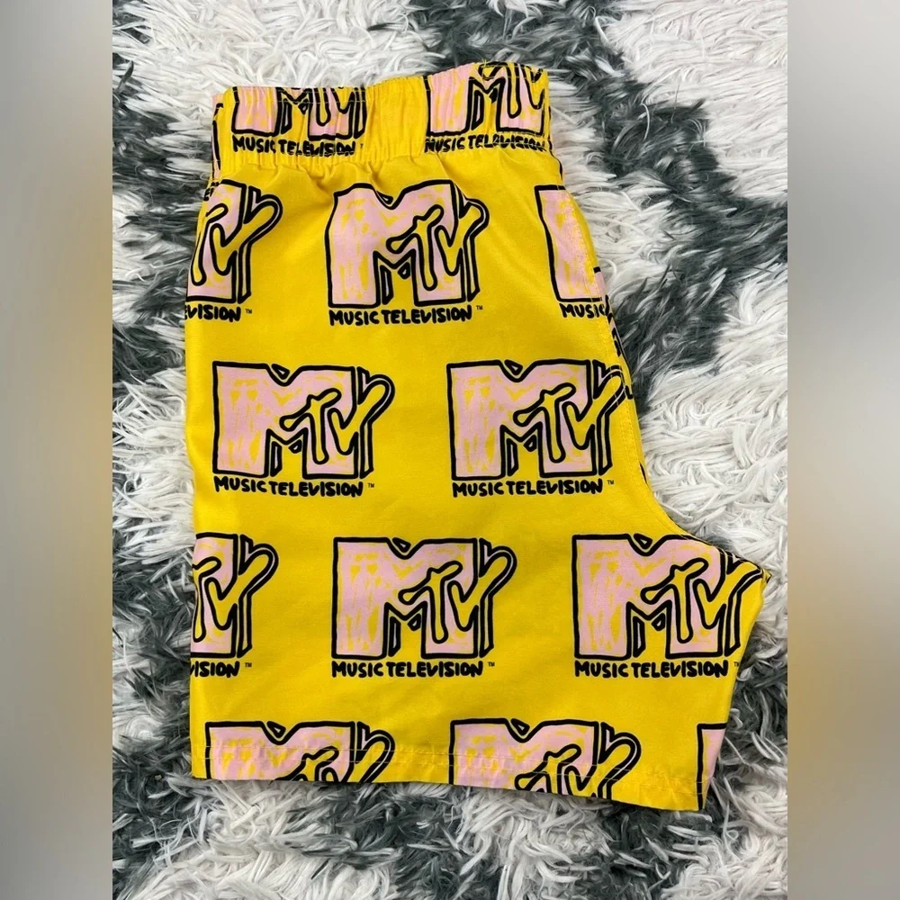 MTV Men's Yellow Pink Swim Trunks Logo Print Size Medium No Lining